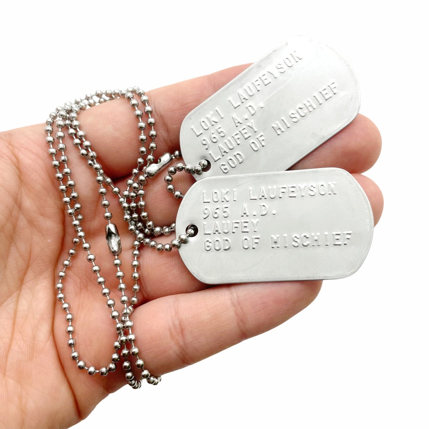 'GOD OF MISCHIEF' LOKI Military Dog Tags - Cosplay Costume Prop Replica - Stainless Steel Chains Included