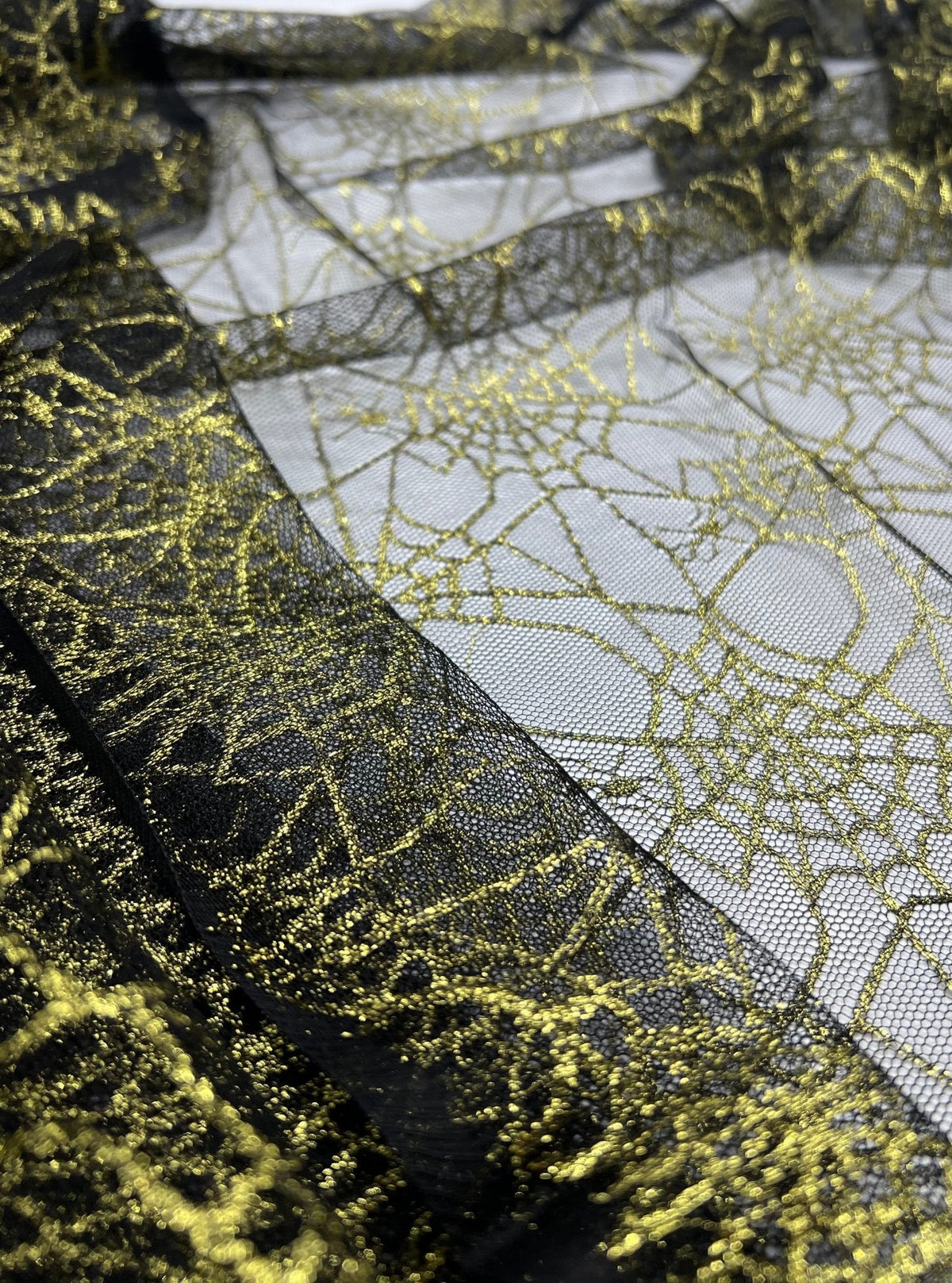 Gold Black Cobweb Halloween Print Mesh Fabric Stretch