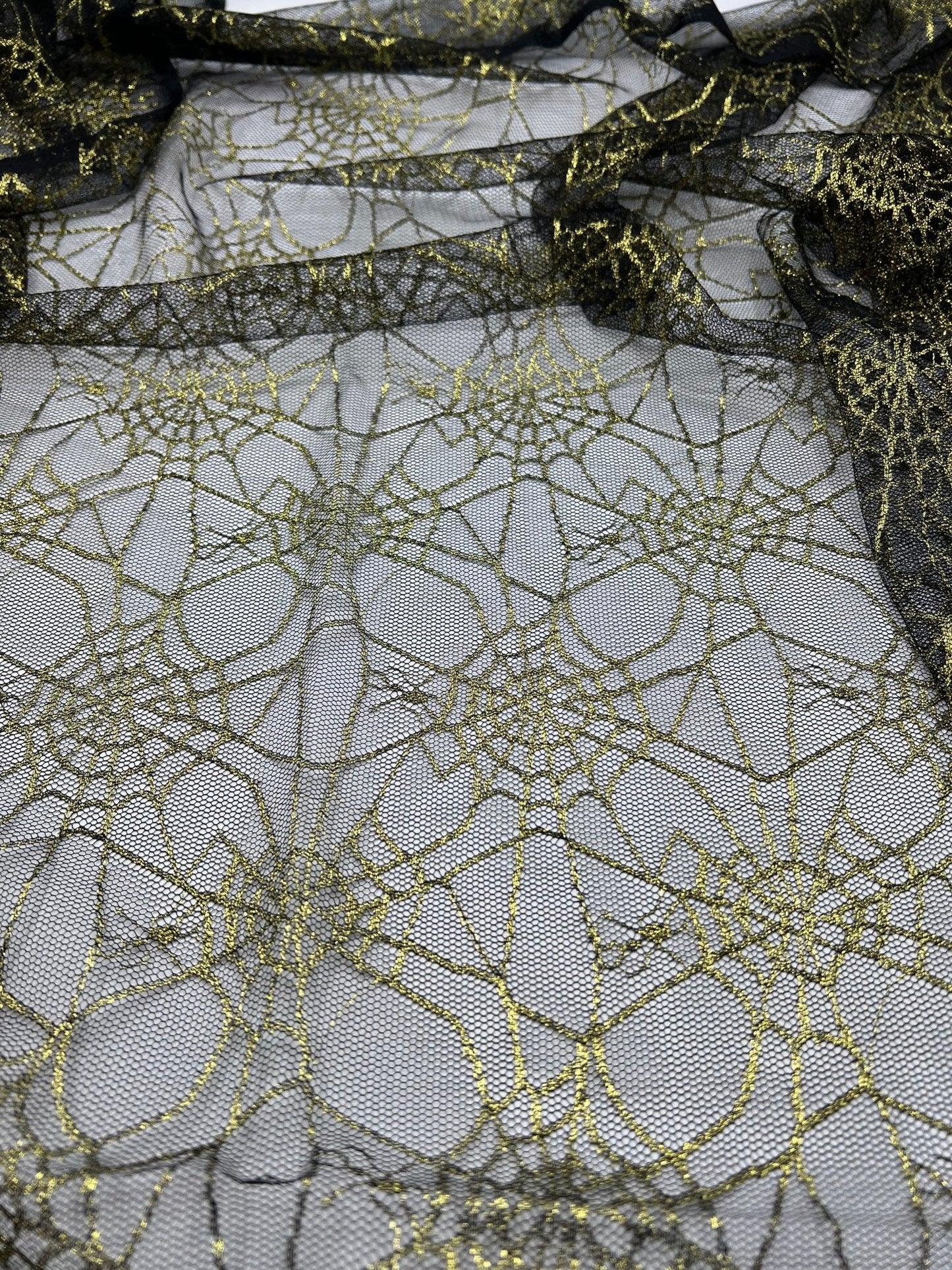 Gold Black Cobweb Halloween Print Mesh Fabric Stretch