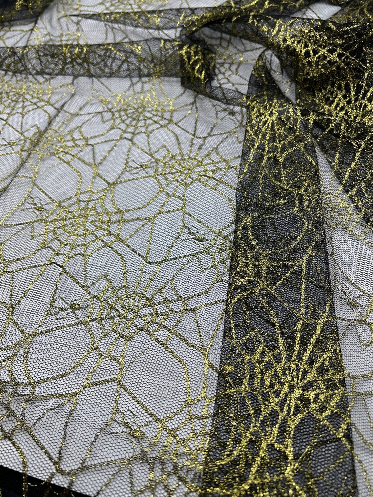 Gold Black Cobweb Halloween Print Mesh Fabric Stretch