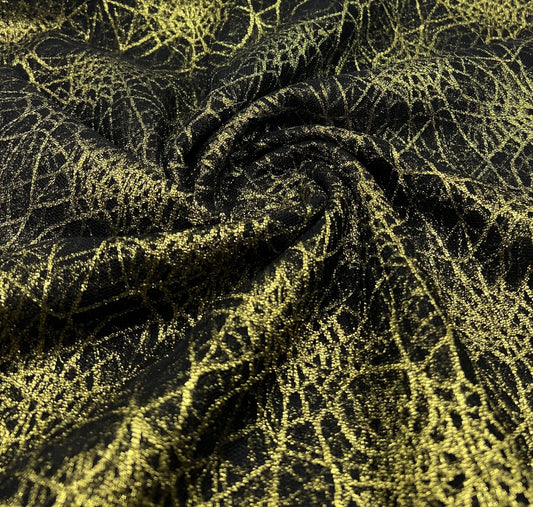 Gold Black Cobweb Halloween Print Mesh Fabric Stretch