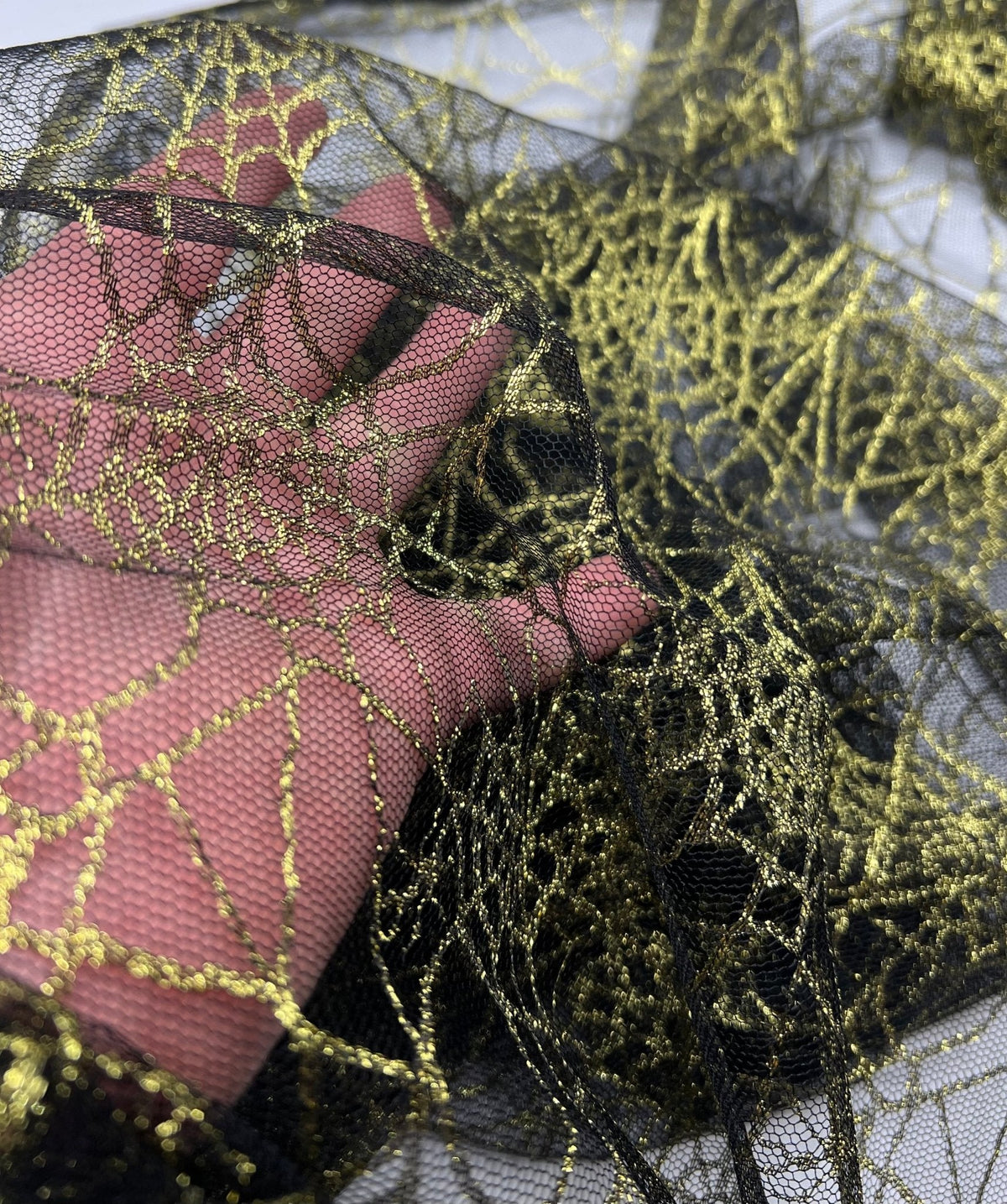 Gold Black Cobweb Halloween Print Mesh Fabric Stretch