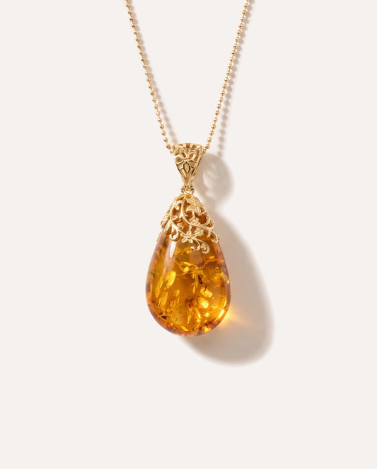 Gold Floral Accent Amber Droplet Pendant