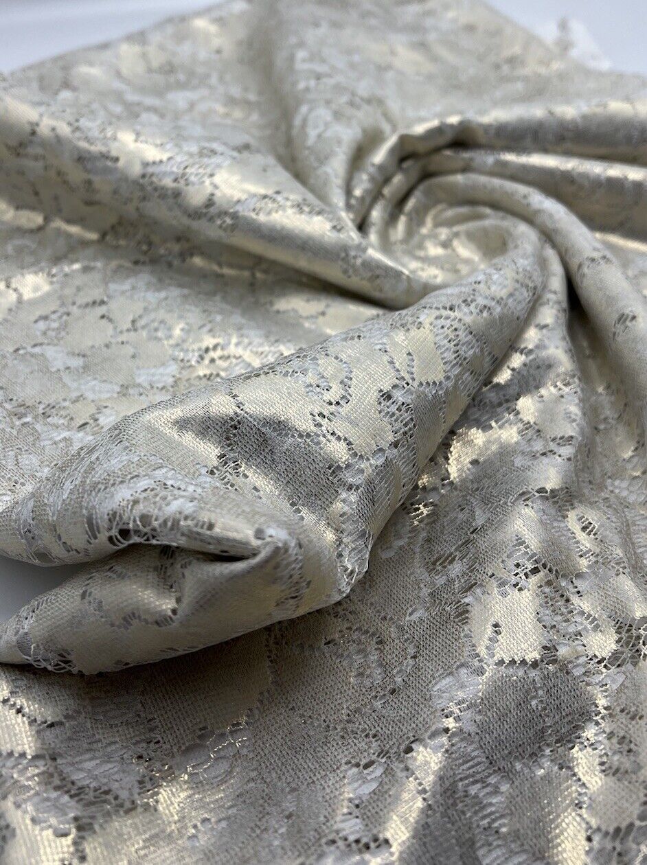Gold Foil Finish White Floral Lace Fabric Stretch