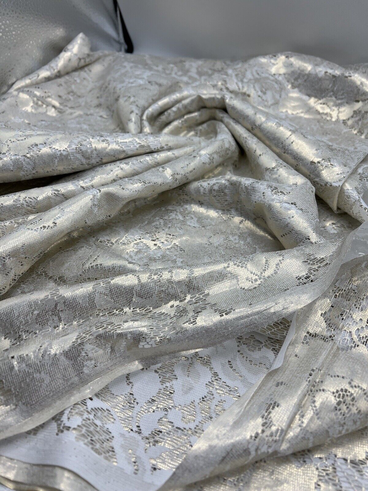 Gold Foil Finish White Floral Lace Fabric Stretch