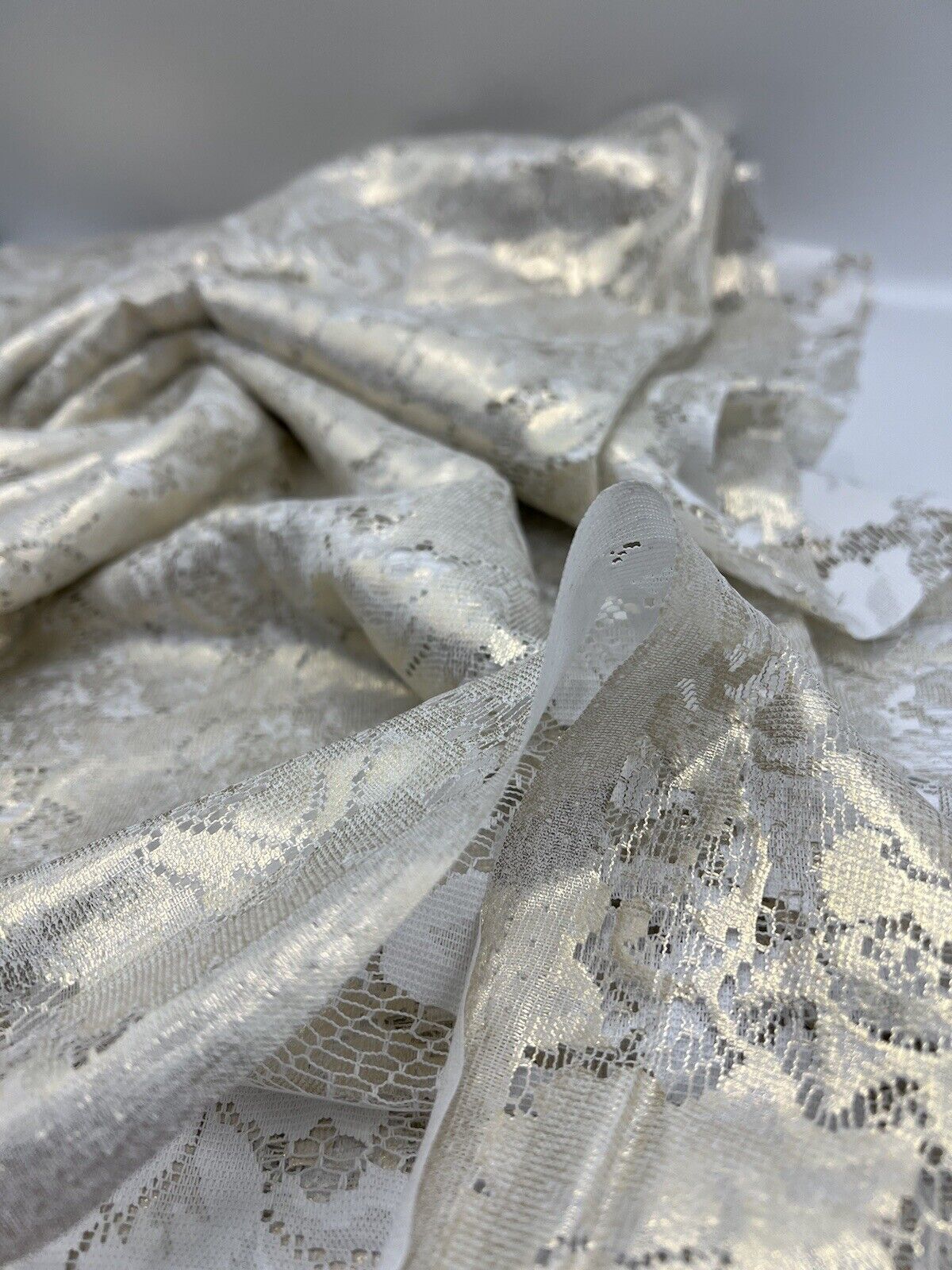 Gold Foil Finish White Floral Lace Fabric Stretch