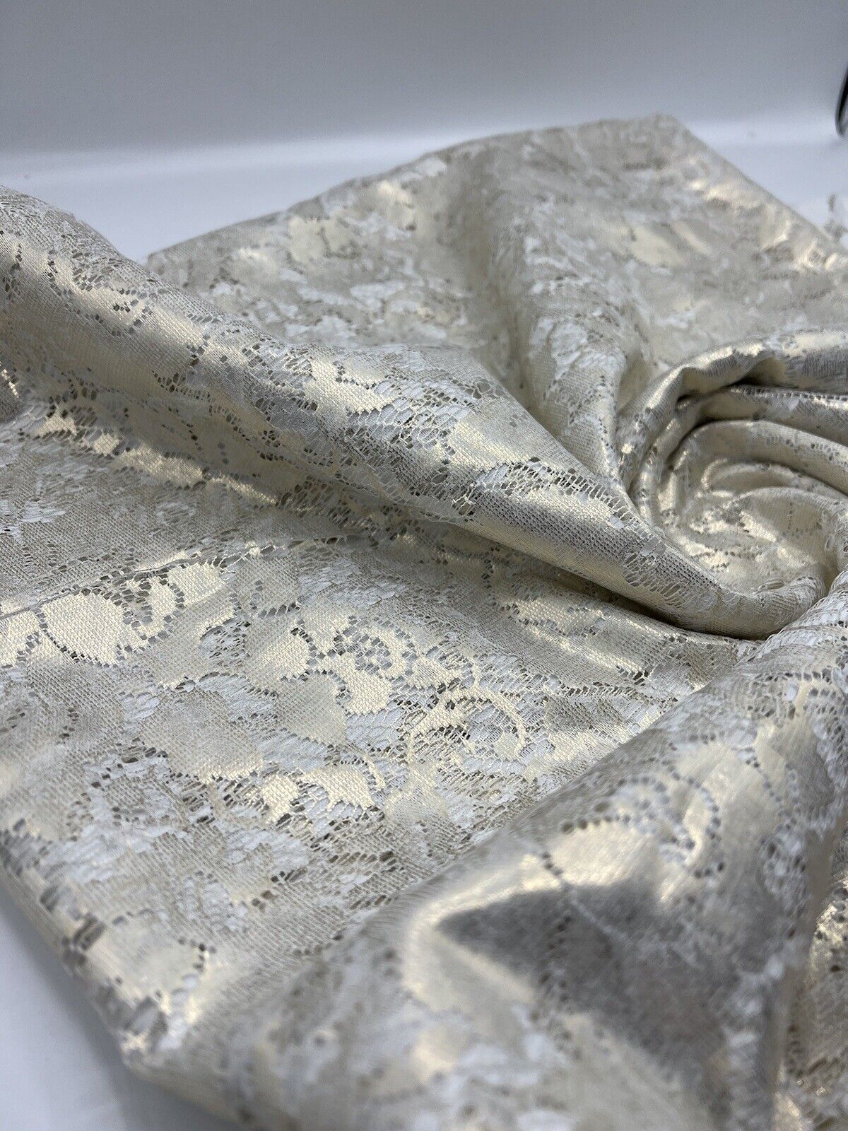 Gold Foil Finish White Floral Lace Fabric Stretch