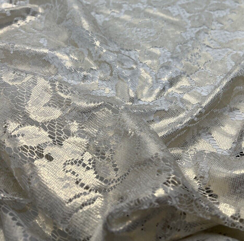 Gold Foil Finish White Floral Lace Fabric Stretch