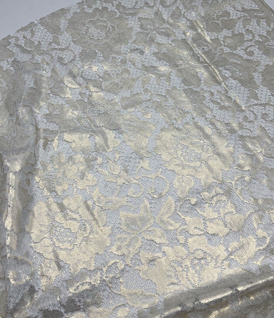 Gold Foil Finish White Floral Lace Fabric Stretch