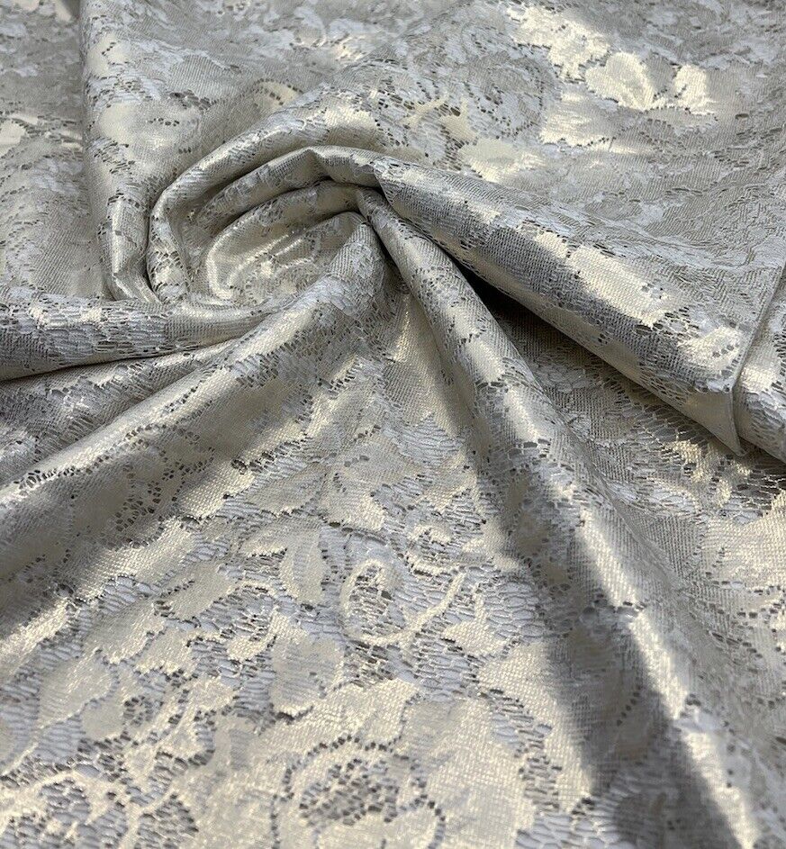 Gold Foil Finish White Floral Lace Fabric Stretch