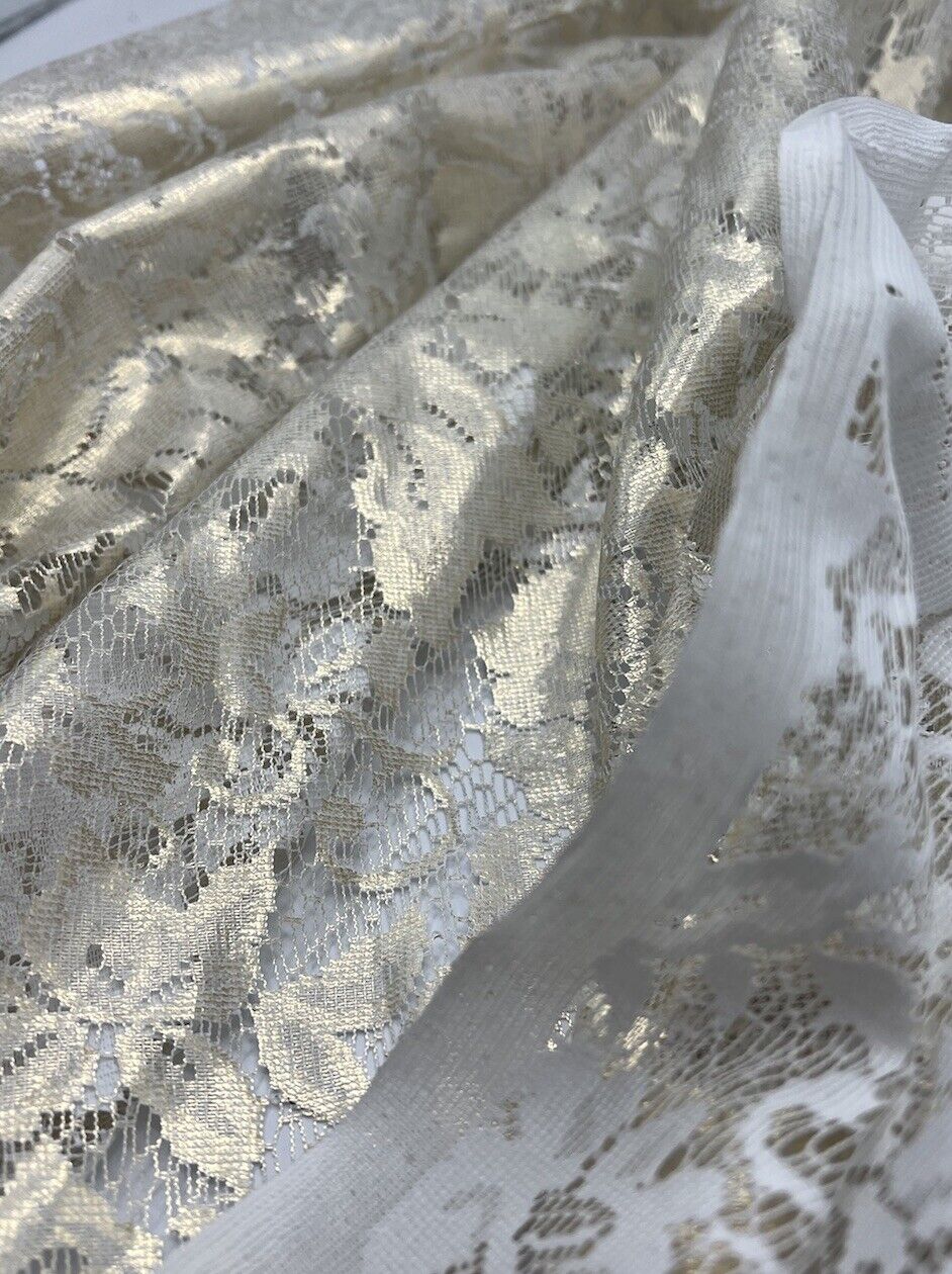 Gold Foil Finish White Floral Lace Fabric Stretch