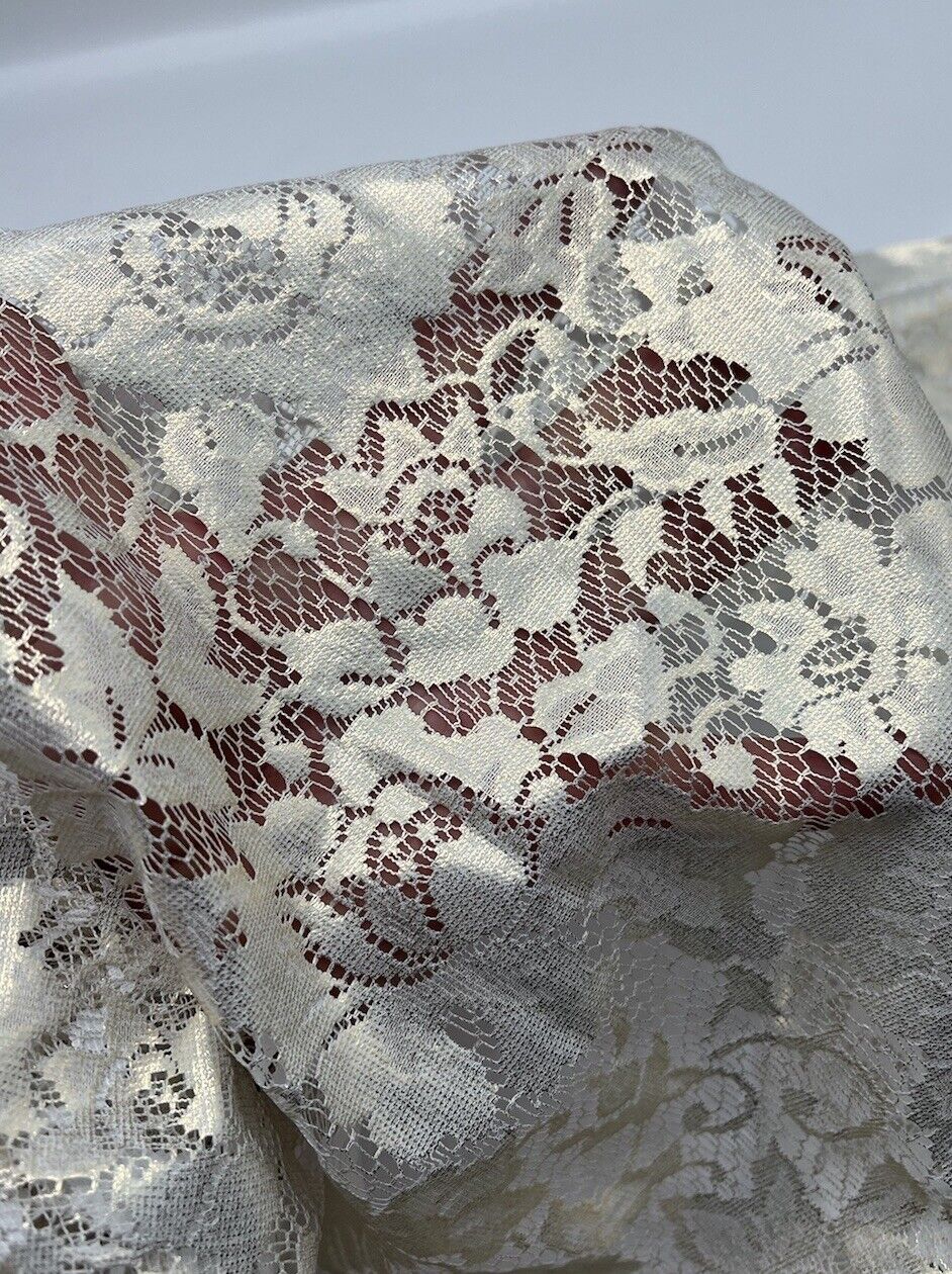 Gold Foil Finish White Floral Lace Fabric Stretch