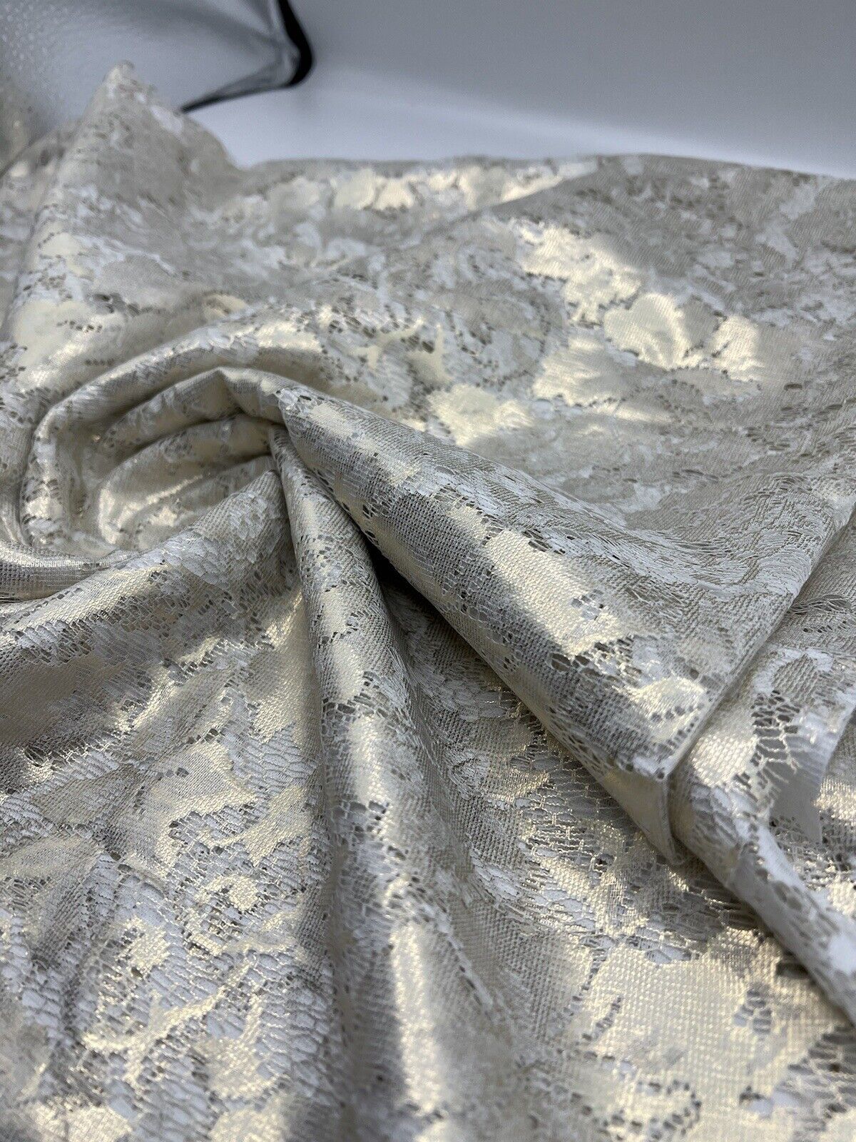Gold Foil Finish White Floral Lace Fabric Stretch