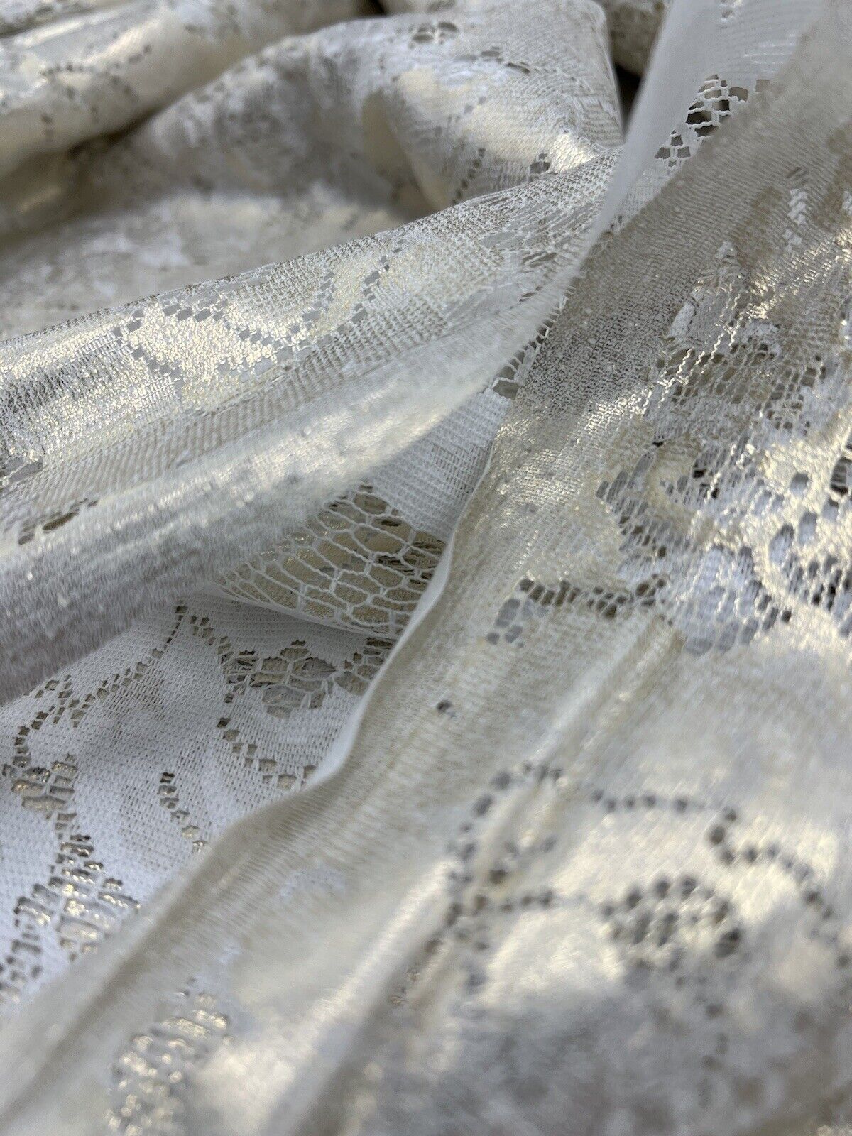 Gold Foil Finish White Floral Lace Fabric Stretch