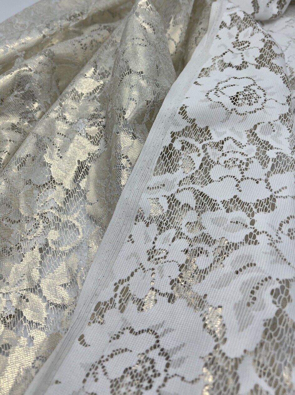 Gold Foil Finish White Floral Lace Fabric Stretch