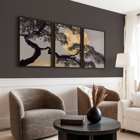 Gold Wall Art Japanese Pine Moon Japandi Art Prints | Set of 3