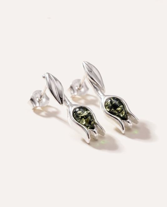 Green Amber Tulip Stud Earrings