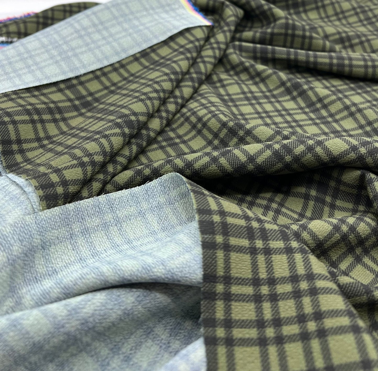 Green Black Check Print Lightweight Bubble Crepe Fabric