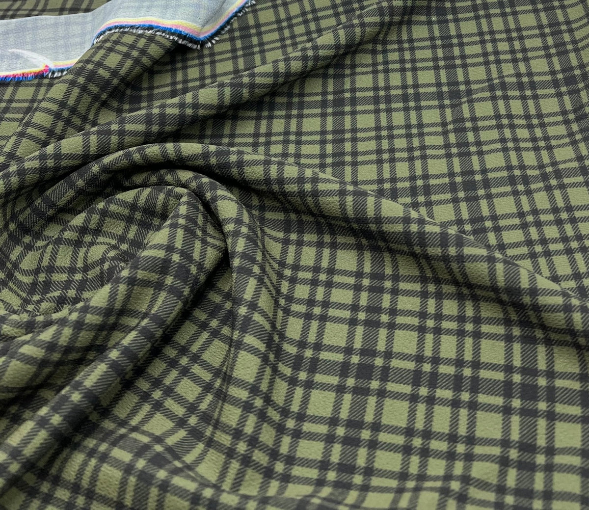 Green Black Check Print Lightweight Bubble Crepe Fabric