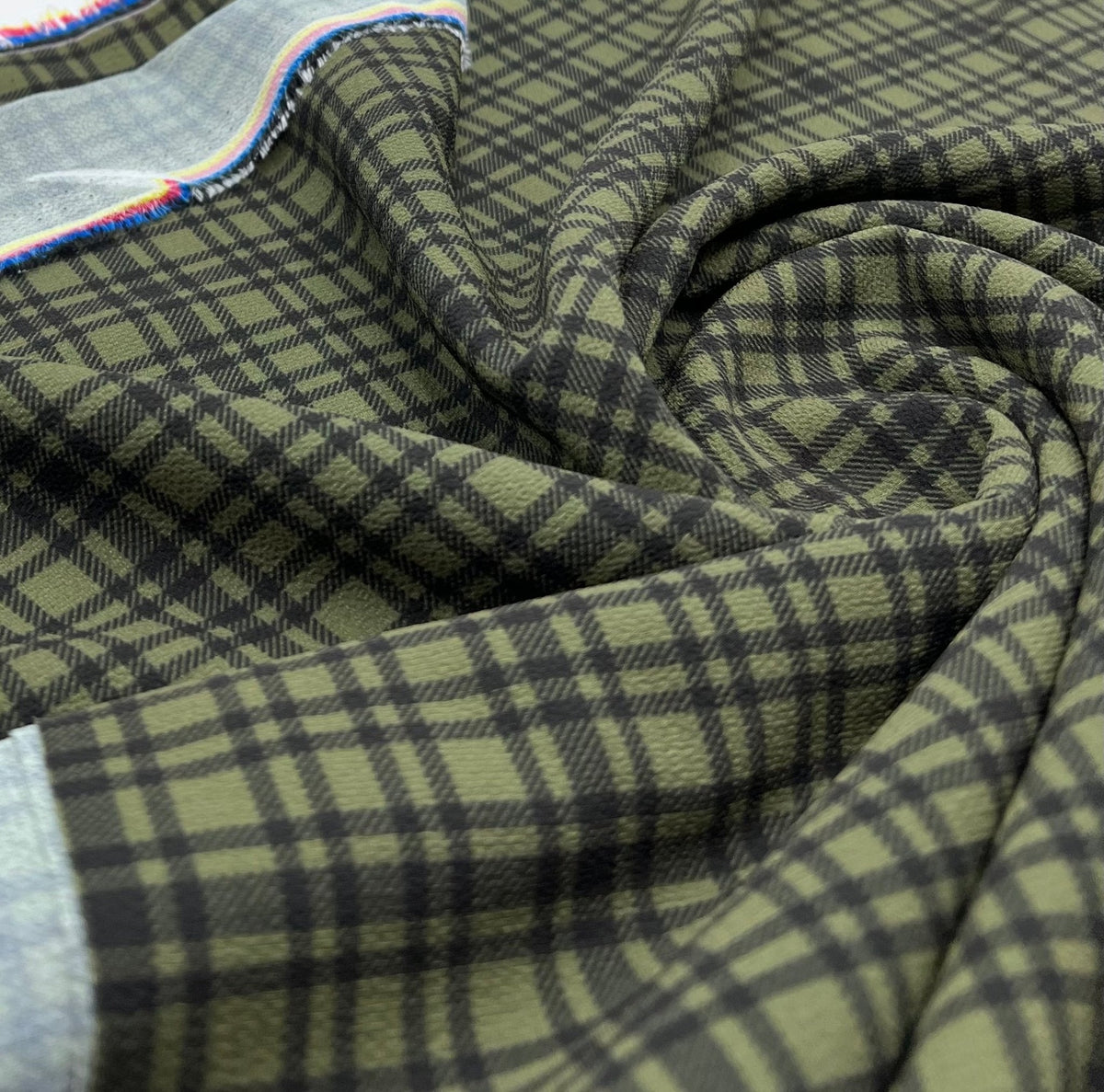 Green Black Check Print Lightweight Bubble Crepe Fabric