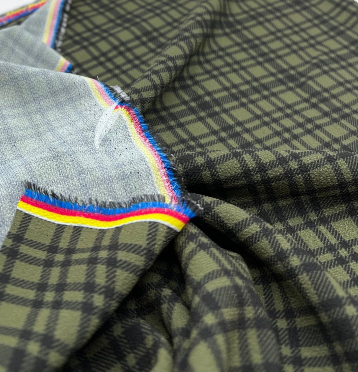 Green Black Check Print Lightweight Bubble Crepe Fabric