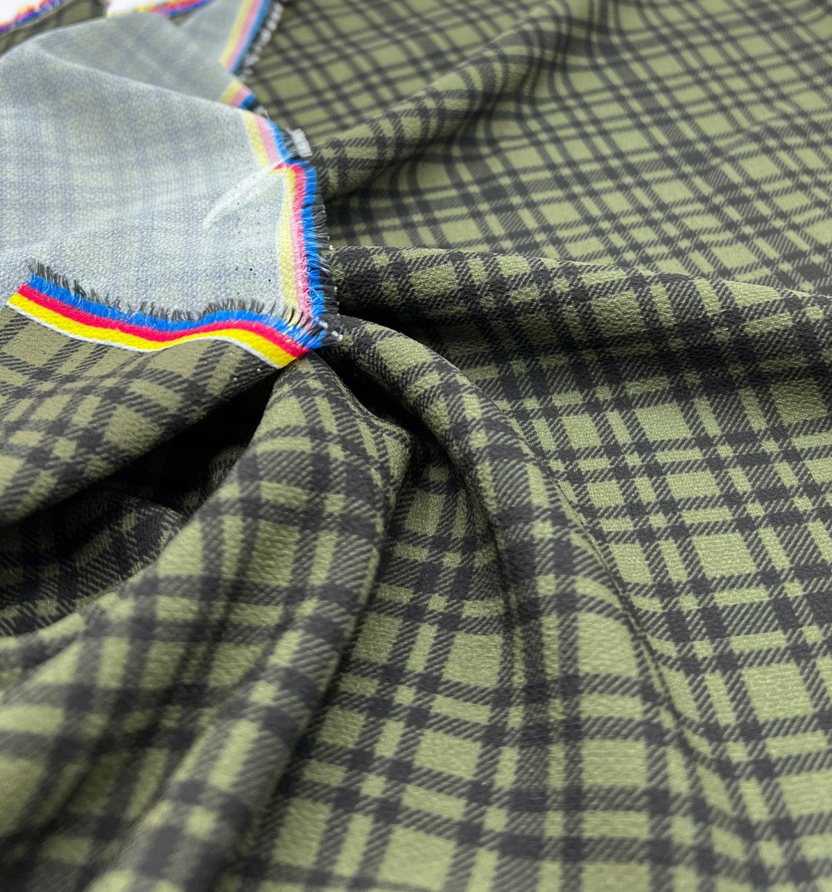 Green Black Check Print Lightweight Bubble Crepe Fabric