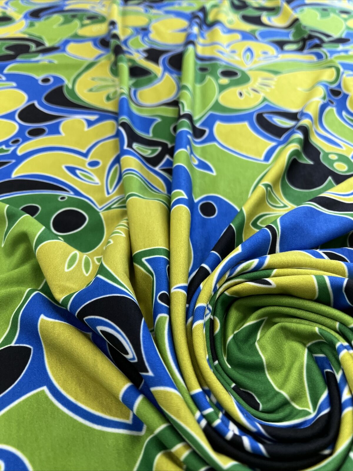 Green Blue Mix Print Spun Poly Stretch Fabric