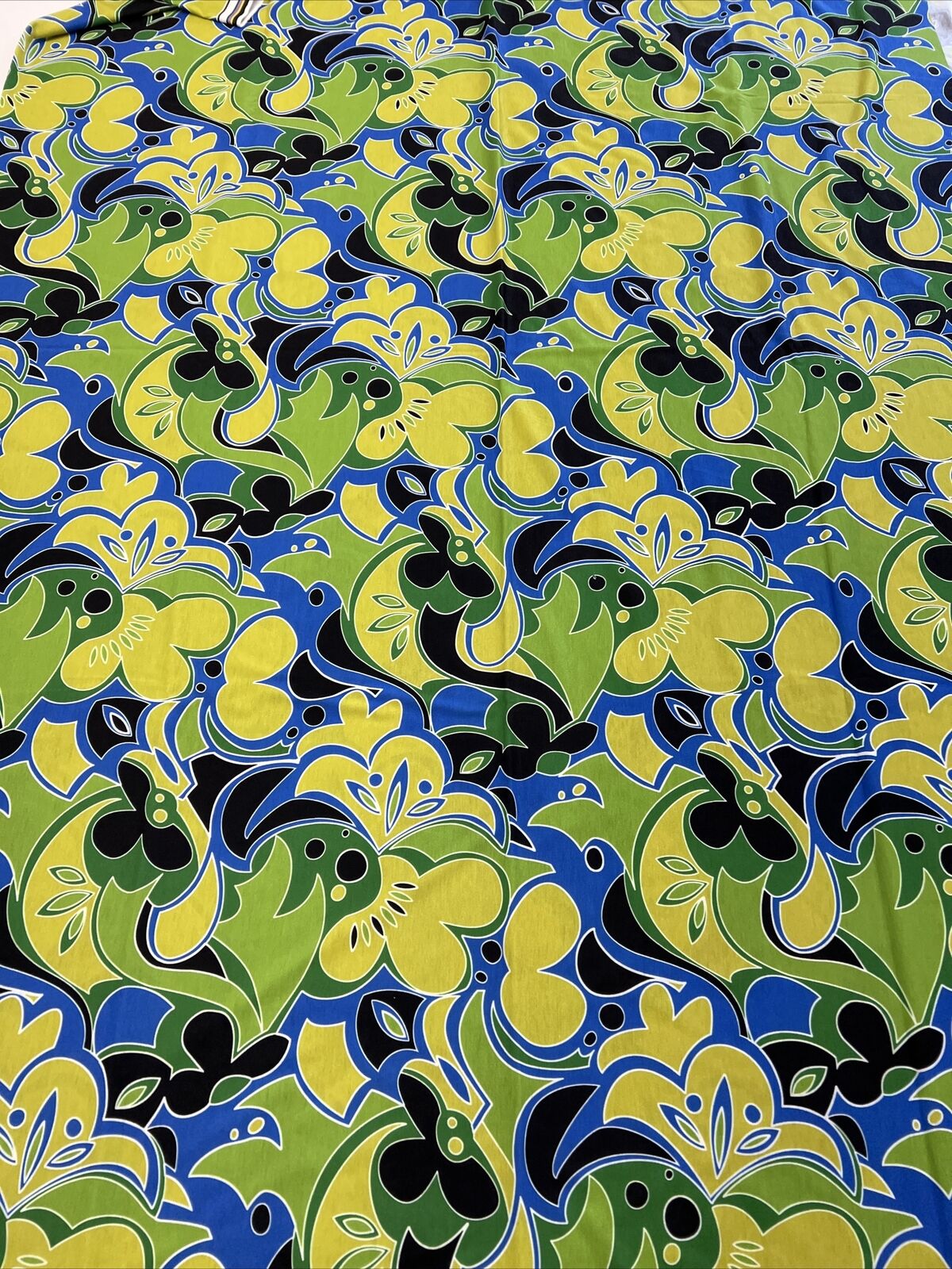 Green Blue Mix Print Spun Poly Stretch Fabric