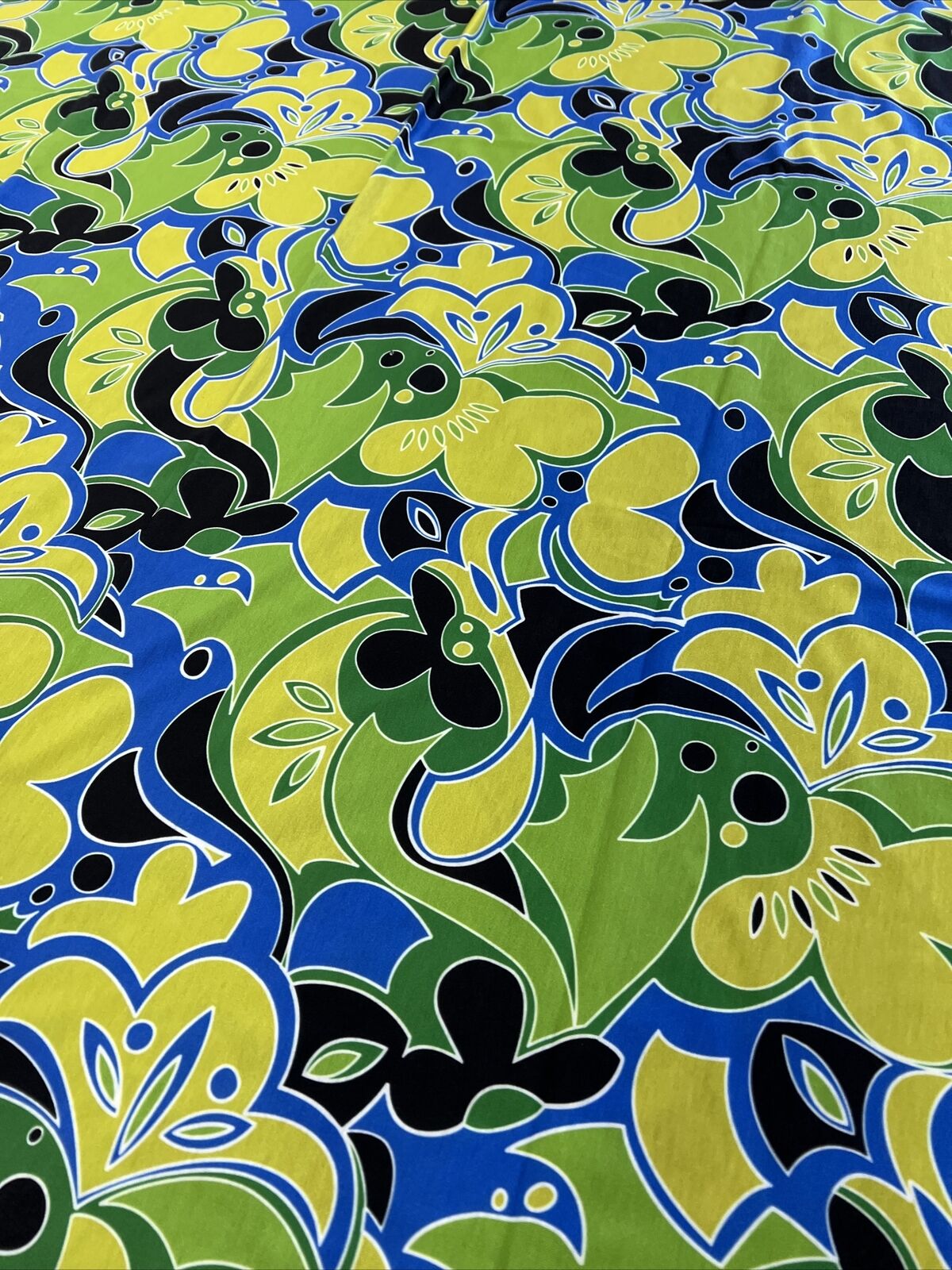 Green Blue Mix Print Spun Poly Stretch Fabric