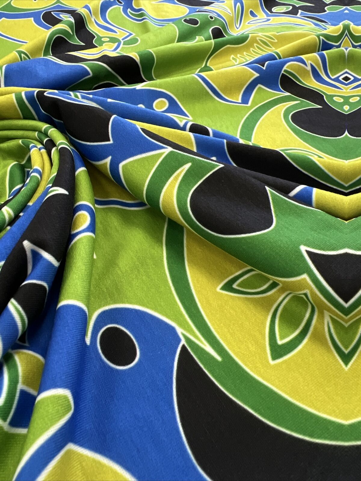 Green Blue Mix Print Spun Poly Stretch Fabric