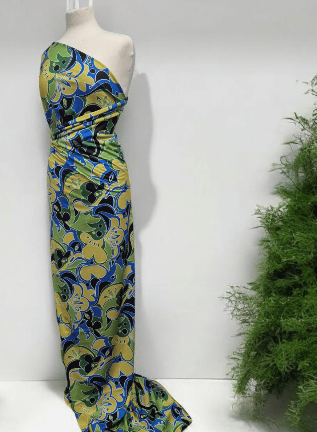 Green Blue Mix Print Spun Poly Stretch Fabric
