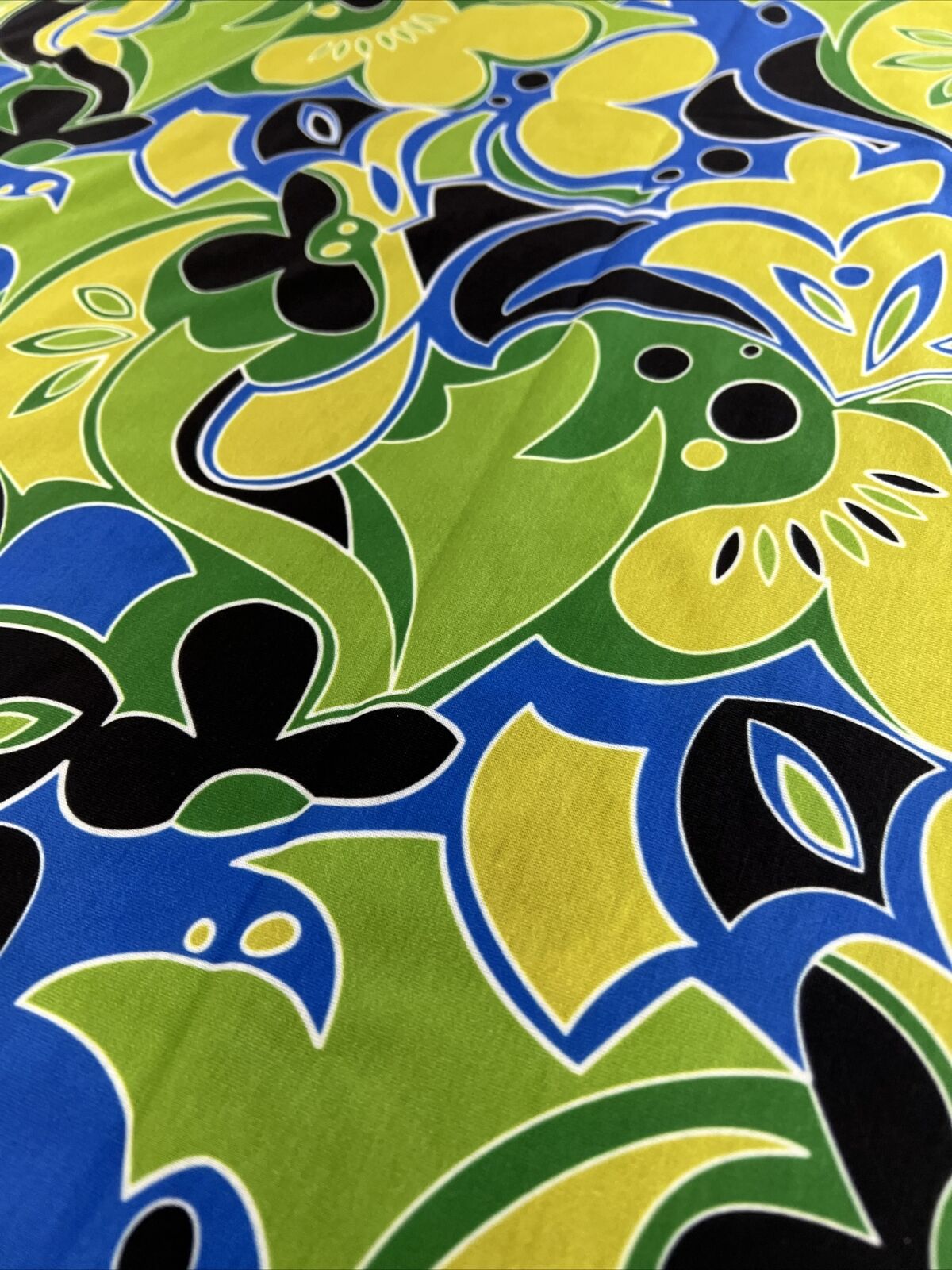 Green Blue Mix Print Spun Poly Stretch Fabric