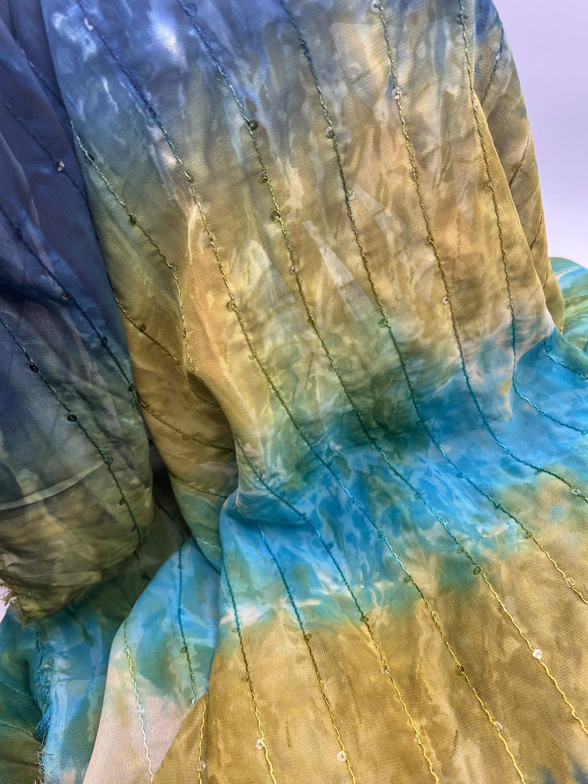 Green Blue Sequin Lightweight Non Stretch Woven Fabric