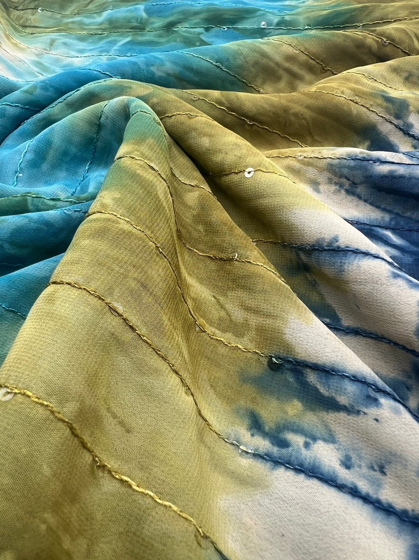 Green Blue Sequin Lightweight Non Stretch Woven Fabric