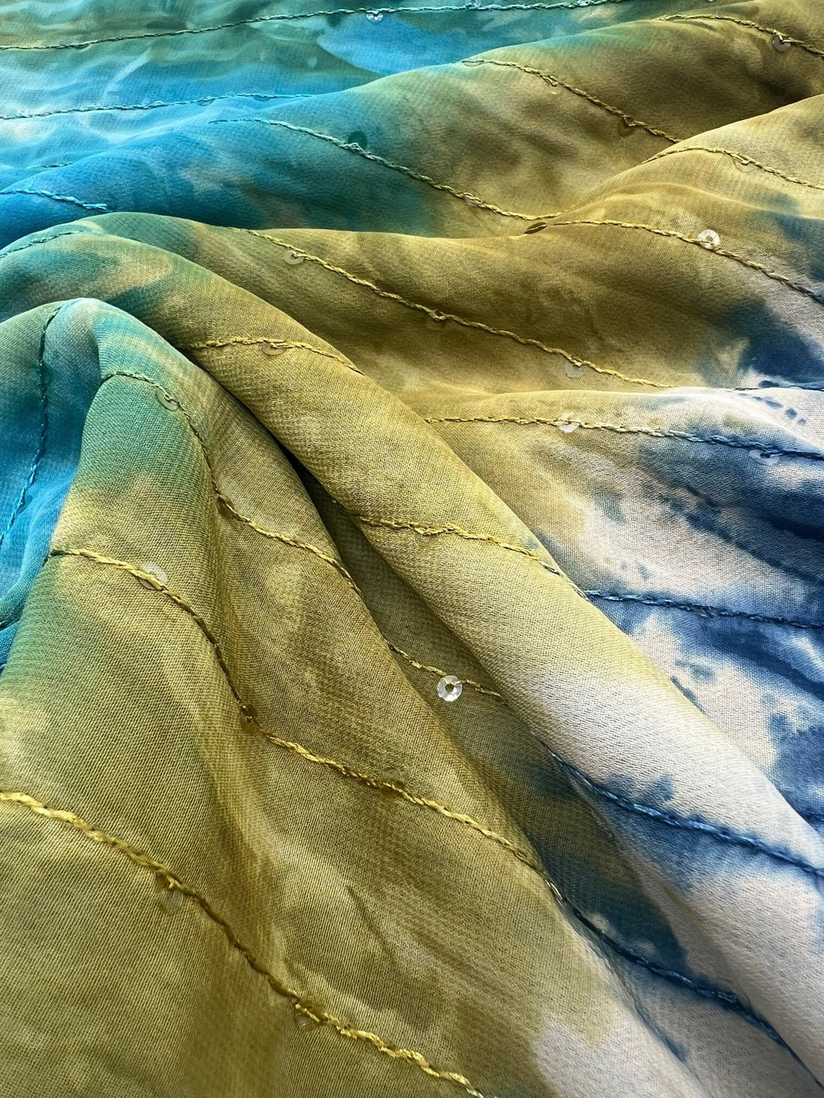 Green Blue Sequin Lightweight Non Stretch Woven Fabric