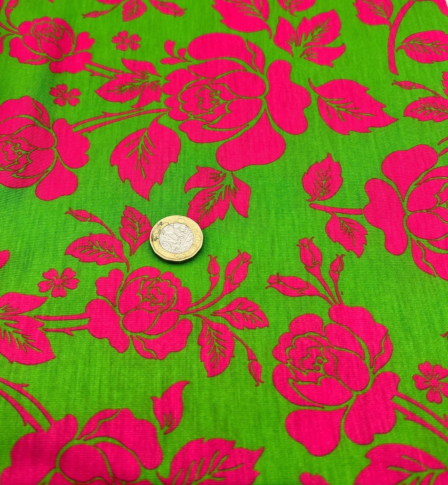 Green Cerise Floral Print Spun Poly Stretch Fabric