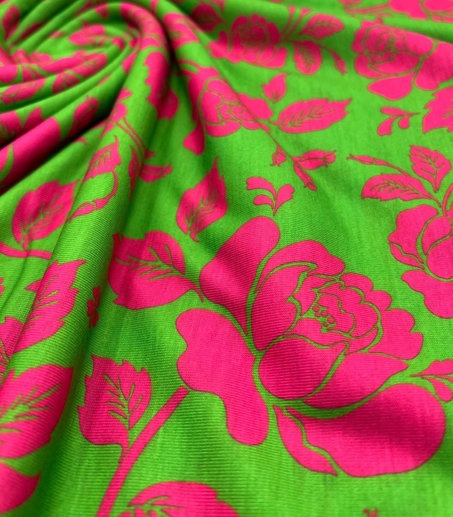 Green Cerise Floral Print Spun Poly Stretch Fabric