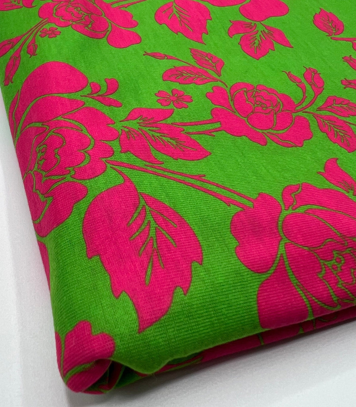 Green Cerise Floral Print Spun Poly Stretch Fabric