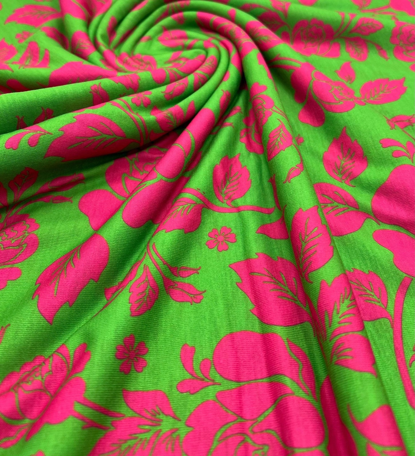 Green Cerise Floral Print Spun Poly Stretch Fabric
