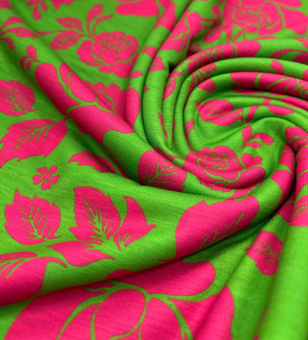 Green Cerise Floral Print Spun Poly Stretch Fabric