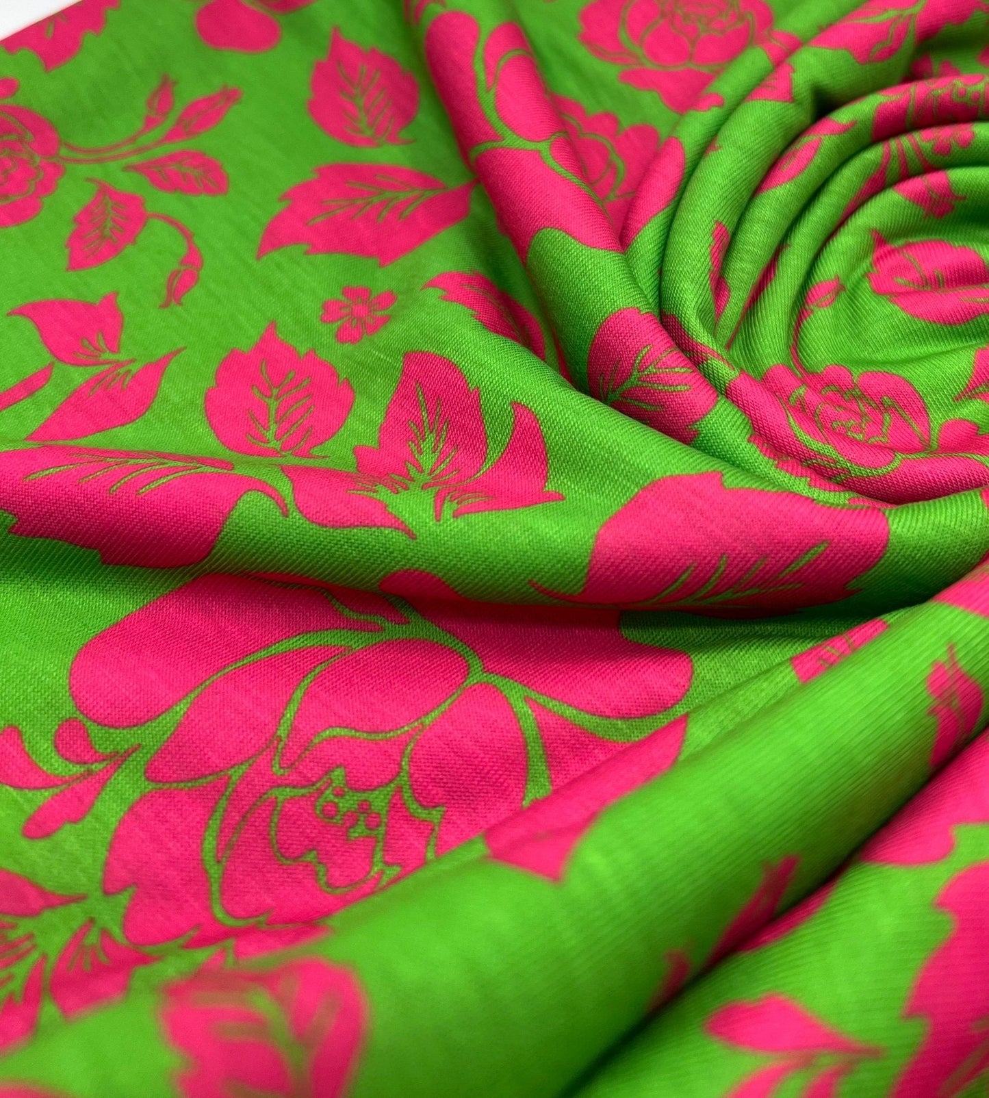 Green Cerise Floral Print Spun Poly Stretch Fabric