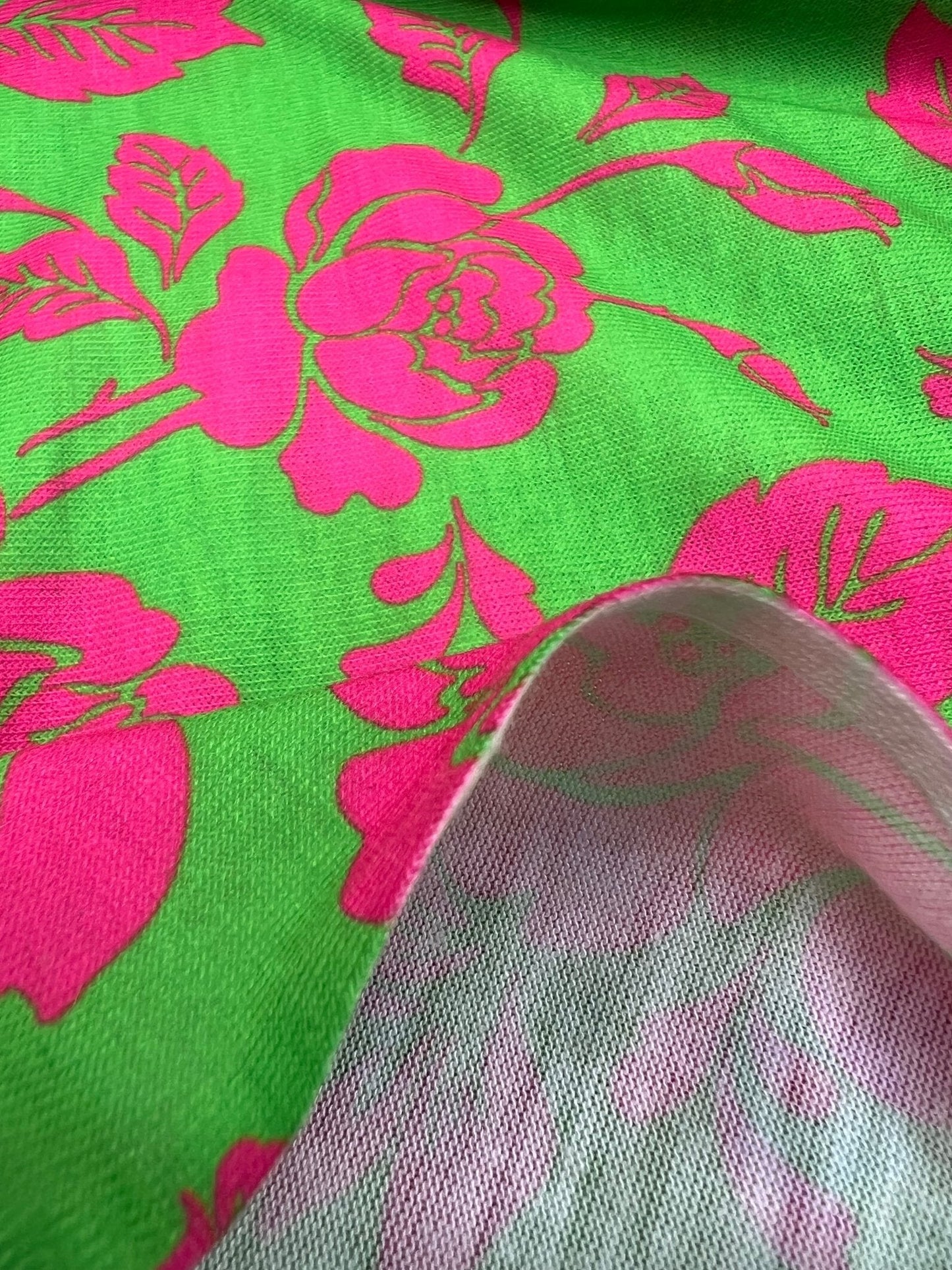 Green Cerise Floral Print Spun Poly Stretch Fabric