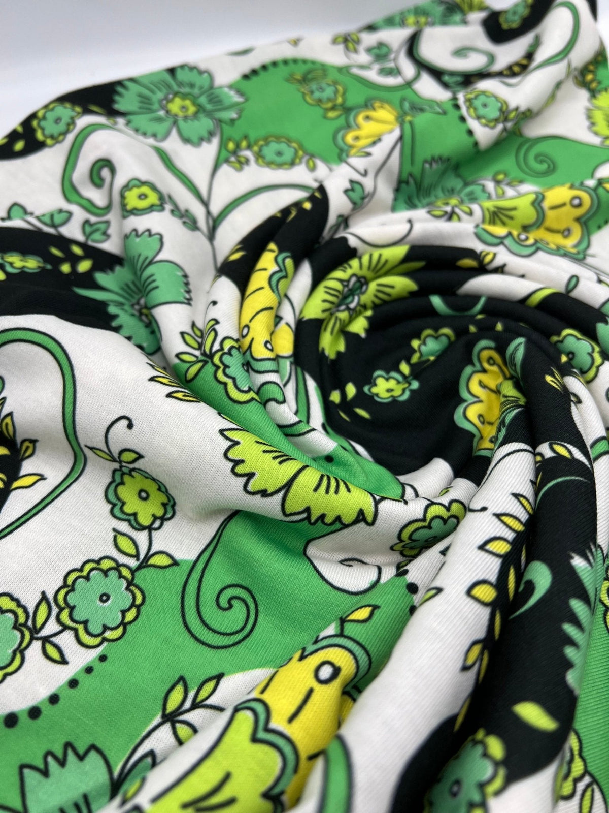 Green Floral Funky Print Spun Poly Stretch Fabric