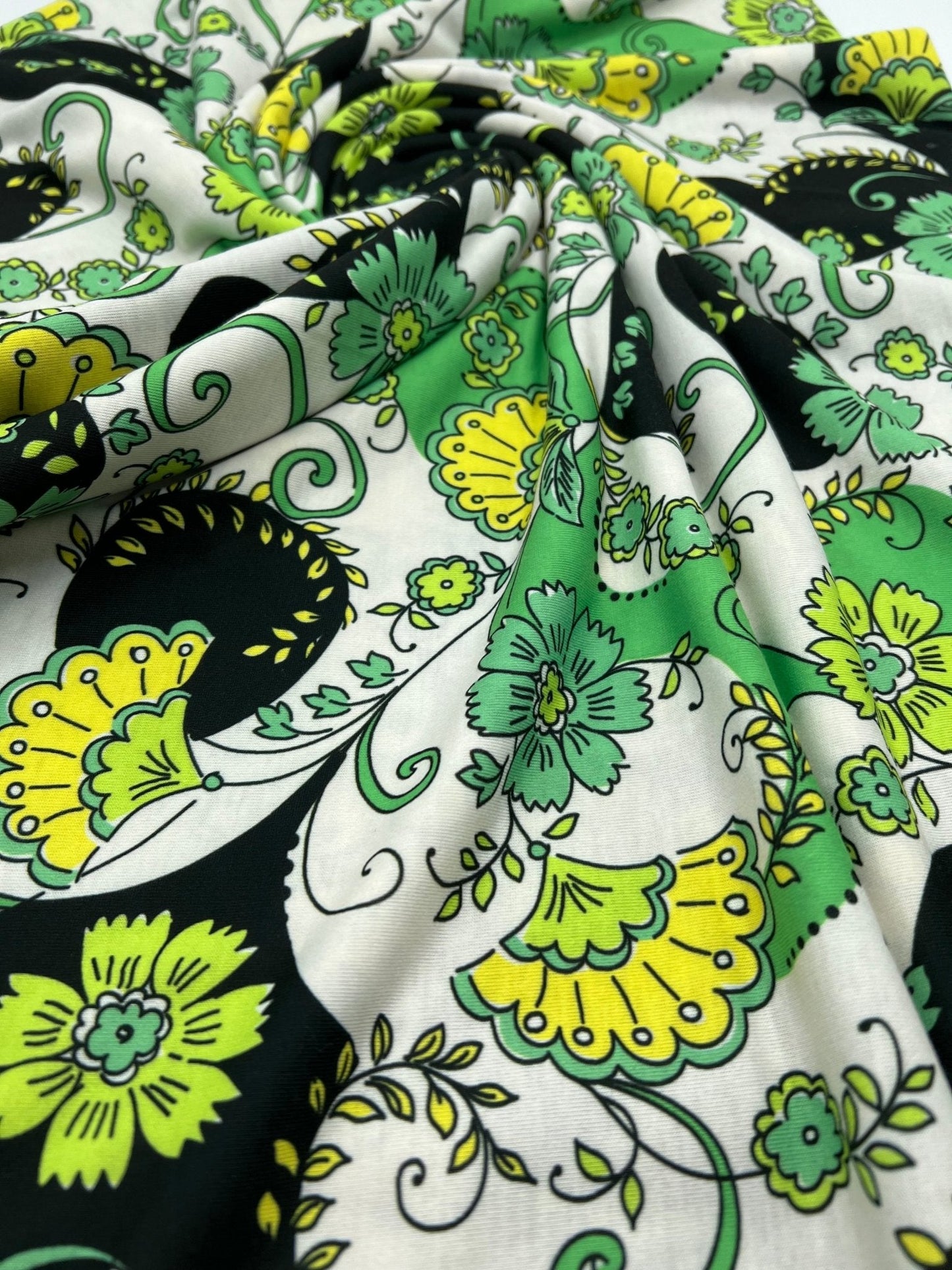 Green Floral Funky Print Spun Poly Stretch Fabric