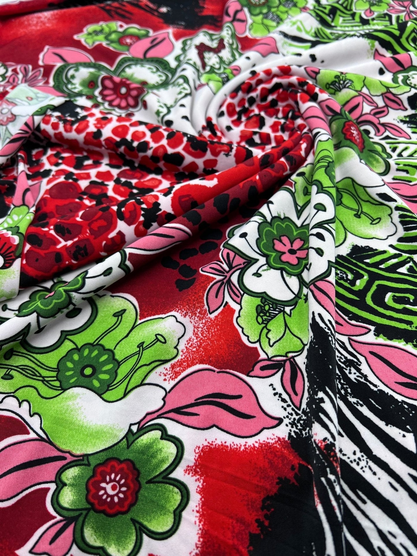 Green Floral Mix Print Soft Touch 4 Way Stretch Fabric