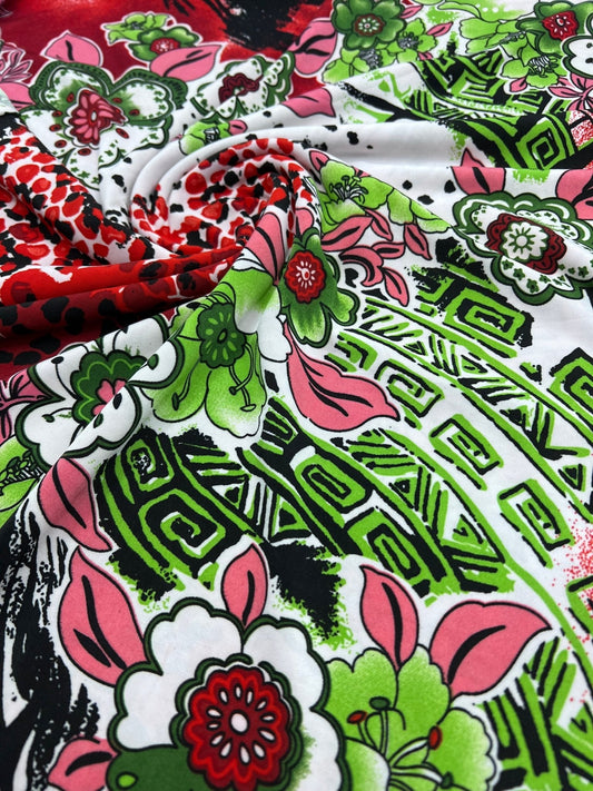 Green Floral Mix Print Soft Touch 4 Way Stretch Fabric