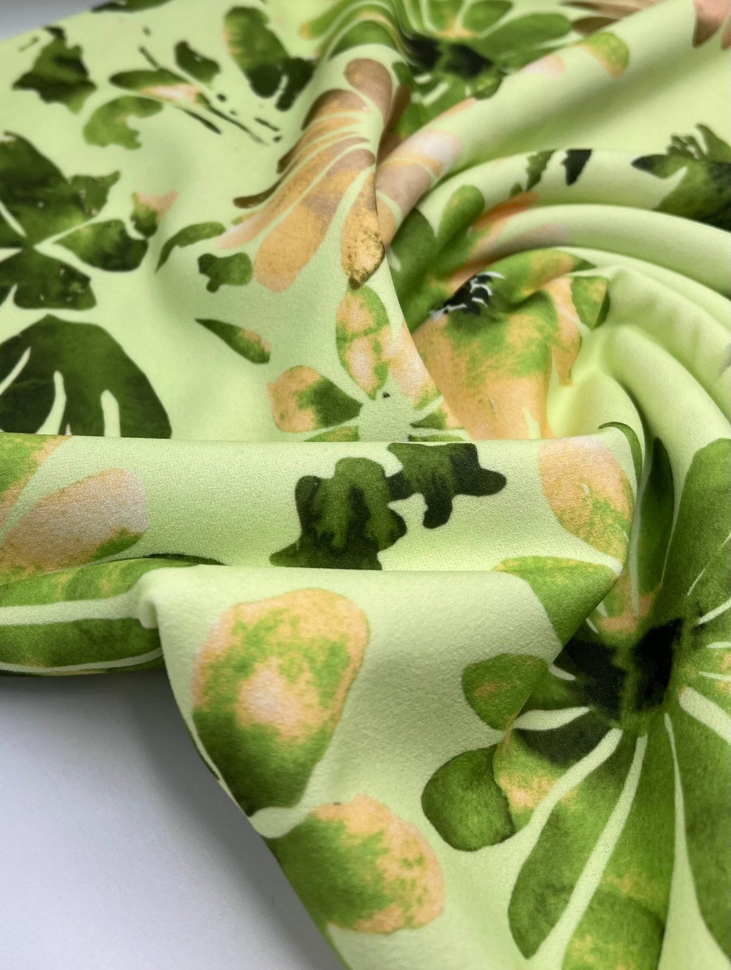 Lime Green Floral Printed Scuba Crepe Jersey Fabric 4 Way Stretch