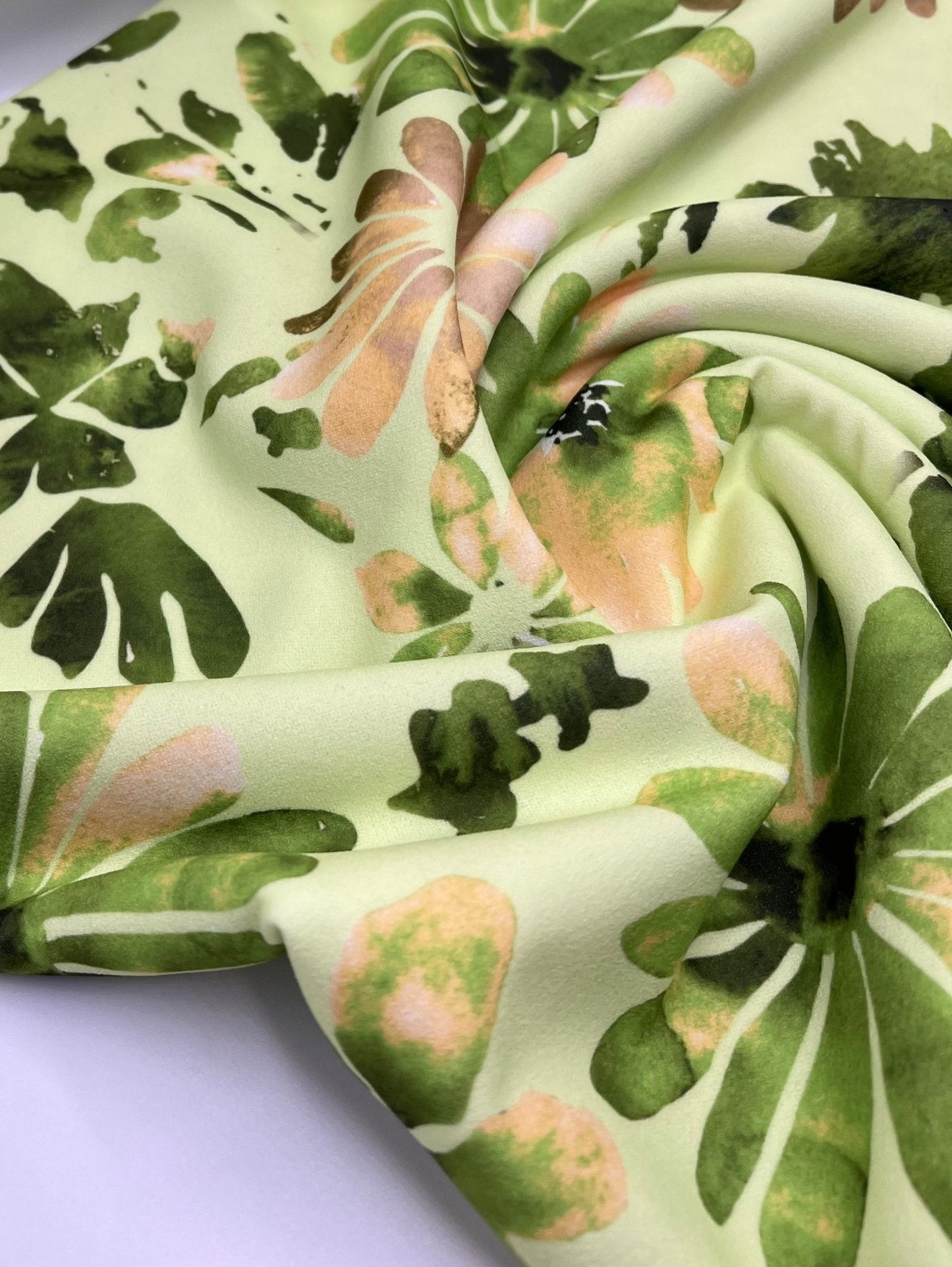 Lime Green Floral Printed Scuba Crepe Jersey Fabric 4 Way Stretch