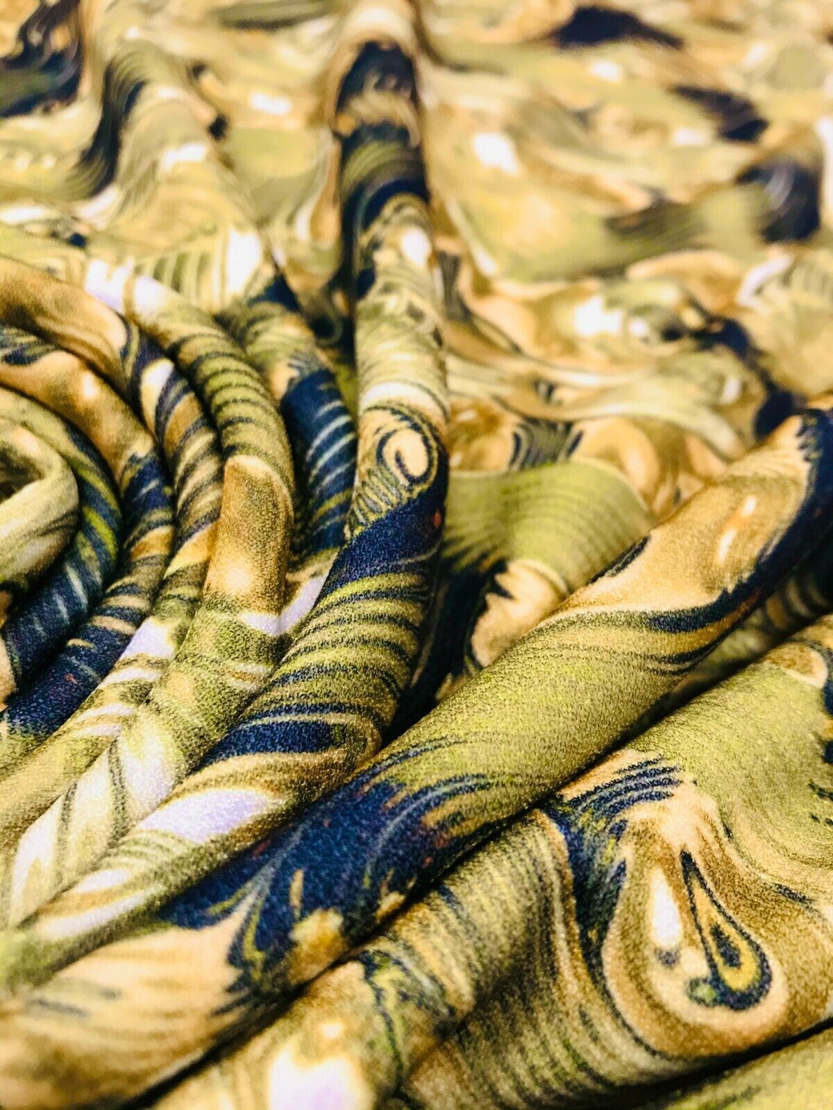 Green Gold Multi Print Lightweight Jersey Crepe Fabric 4 Way Stretch