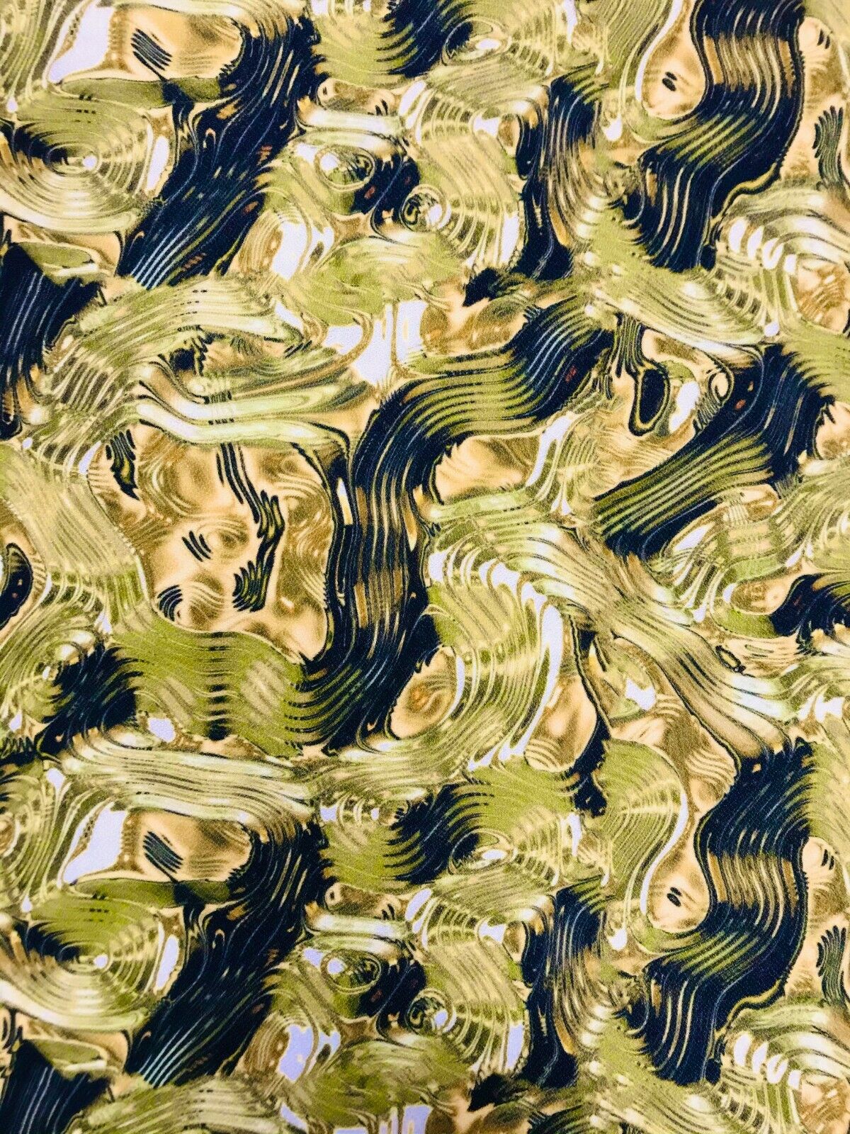 Green Gold Multi Print Lightweight Jersey Crepe Fabric 4 Way Stretch